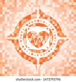 heart with electrocardiogram icon inside abstract orange mosaic emblem with background