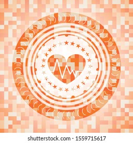 heart with electrocardiogram icon inside abstract orange mosaic emblem