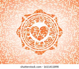 heart with electrocardiogram icon inside abstract orange mosaic emblem