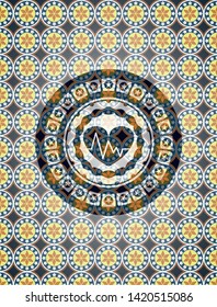 heart with electrocardiogram icon inside arabesque badge background. arabic decoration.