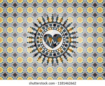 heart with electrocardiogram icon inside arabic emblem background. Arabesque decoration.