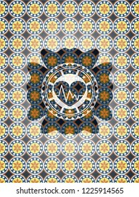 heart with electrocardiogram icon inside arabic emblem background. Arabesque decoration.