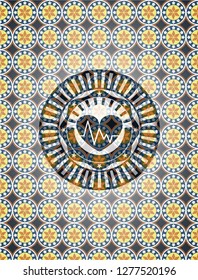 heart with electrocardiogram icon inside arabic badge. Arabesque decoration.