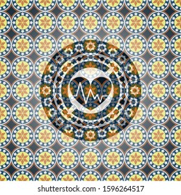 heart with electrocardiogram icon inside arabic emblem background. Arabesque decoration.