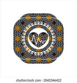 heart with electrocardiogram icon inside arabic badge background. Arabesque decoration. 