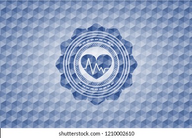 heart with electrocardiogram icon inside blue badge with geometric background.