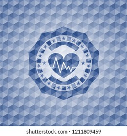 heart with electrocardiogram icon inside blue badge with geometric pattern.