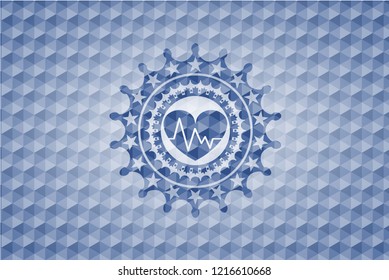 heart with electrocardiogram icon inside blue polygonal emblem.