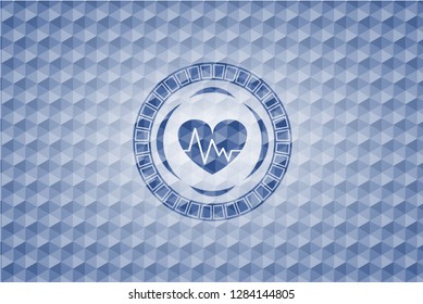 heart with electrocardiogram icon inside blue polygonal badge.