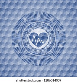 heart with electrocardiogram icon inside blue hexagon badge.