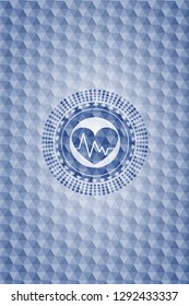 heart with electrocardiogram icon inside blue badge with geometric pattern.