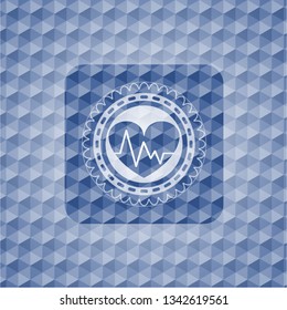 heart with electrocardiogram icon inside blue emblem or badge with abstract geometric polygonal pattern background.