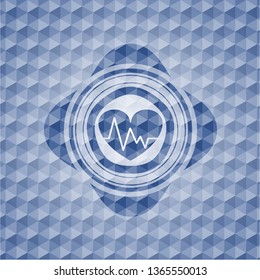 heart with electrocardiogram icon inside blue badge with geometric background.