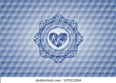 heart with electrocardiogram icon inside blue emblem with geometric background.