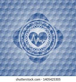 heart with electrocardiogram icon inside blue polygonal badge.
