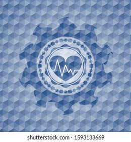 heart with electrocardiogram icon inside blue emblem or badge with abstract geometric polygonal pattern background.