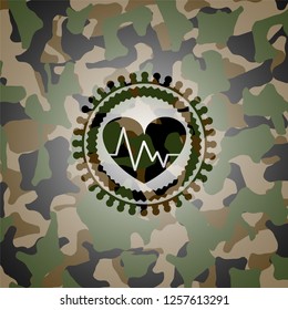 heart with electrocardiogram icon inside camo emblem