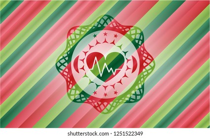 heart with electrocardiogram icon inside christmas emblem background.