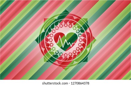 heart with electrocardiogram icon inside christmas colors badge.