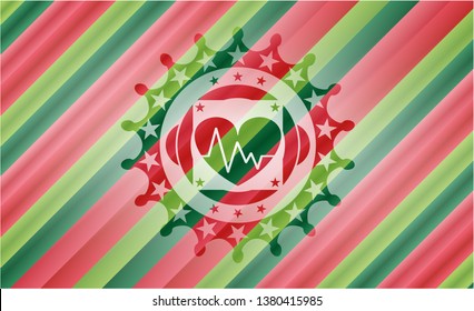 heart with electrocardiogram icon inside christmas colors style emblem.