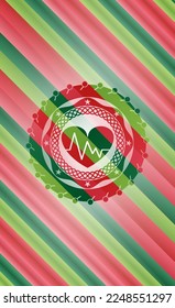 heart with electrocardiogram icon inside christmas badge background. 