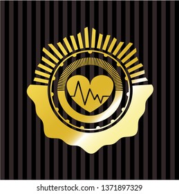 heart with electrocardiogram icon inside gold shiny emblem