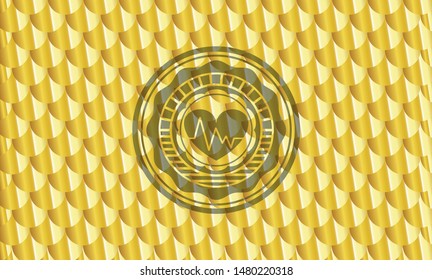 heart with electrocardiogram icon inside gold shiny badge. Scales pattern. Vector Illustration. Detailed.