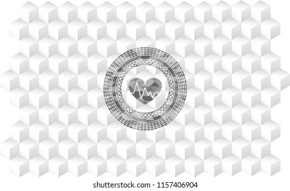 heart with electrocardiogram icon inside grey emblem with geometric cube white background