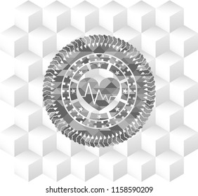 heart with electrocardiogram icon inside grey emblem. Vintage with geometric cube white background
