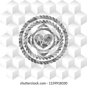 heart with electrocardiogram icon inside grey badge with geometric cube white background