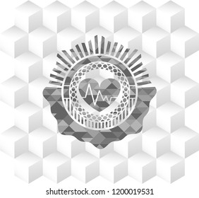 heart with electrocardiogram icon inside grey badge with geometric cube white background