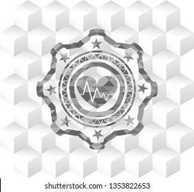 heart with electrocardiogram icon inside grey emblem. Retro with geometric cube white background