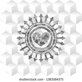 heart with electrocardiogram icon inside grey badge with geometric cube white background