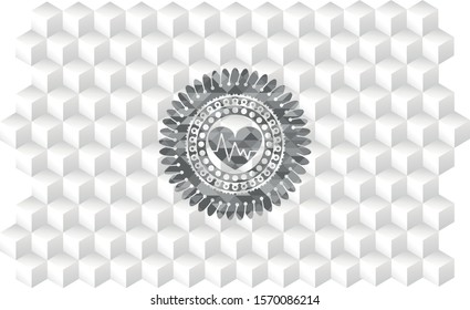 heart with electrocardiogram icon inside grey emblem with cube white background