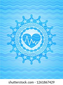heart with electrocardiogram icon inside light blue water wave emblem background.