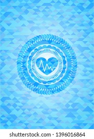 heart with electrocardiogram icon inside light blue emblem with triangle mosaic background