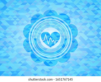 heart with electrocardiogram icon inside light blue emblem with mosaic ecological style background