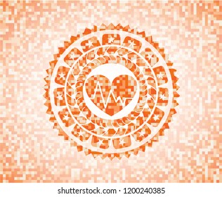 heart with electrocardiogram icon inside orange tile background illustration. Square geometric mosaic seamless pattern with emblem inside.