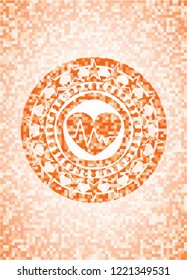 heart with electrocardiogram icon inside orange mosaic emblem with background