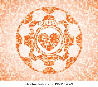 heart with electrocardiogram icon inside orange tile background illustration. Square geometric mosaic seamless pattern with emblem inside.