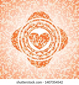 heart with electrocardiogram icon inside orange tile background illustration. Square geometric mosaic seamless pattern with emblem inside.