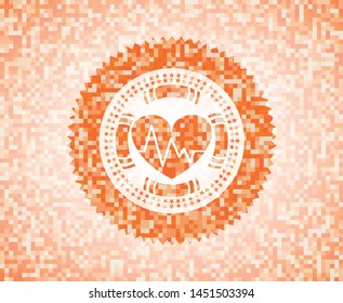 heart with electrocardiogram icon inside orange tile background illustration. Square geometric mosaic seamless pattern with emblem inside.
