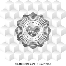 heart with electrocardiogram icon inside realistic grey emblem with cube white background