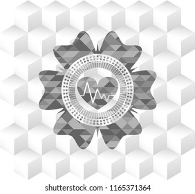 heart with electrocardiogram icon inside realistic grey emblem with geometric cube white background