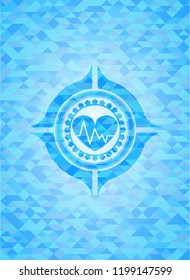 heart with electrocardiogram icon inside realistic sky blue mosaic emblem