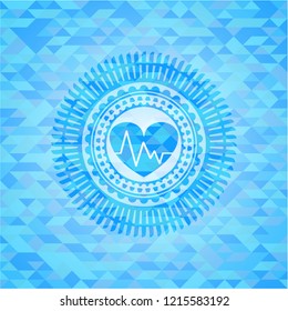 heart with electrocardiogram icon inside realistic sky blue mosaic emblem