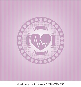 heart with electrocardiogram icon inside realistic pink emblem