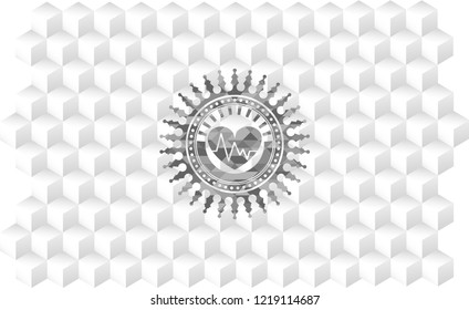 heart with electrocardiogram icon inside realistic grey emblem with cube white background