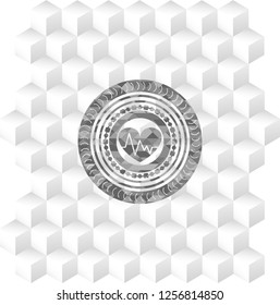 heart with electrocardiogram icon inside realistic grey emblem with cube white background