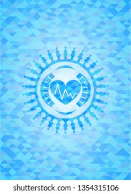 heart with electrocardiogram icon inside realistic sky blue mosaic emblem